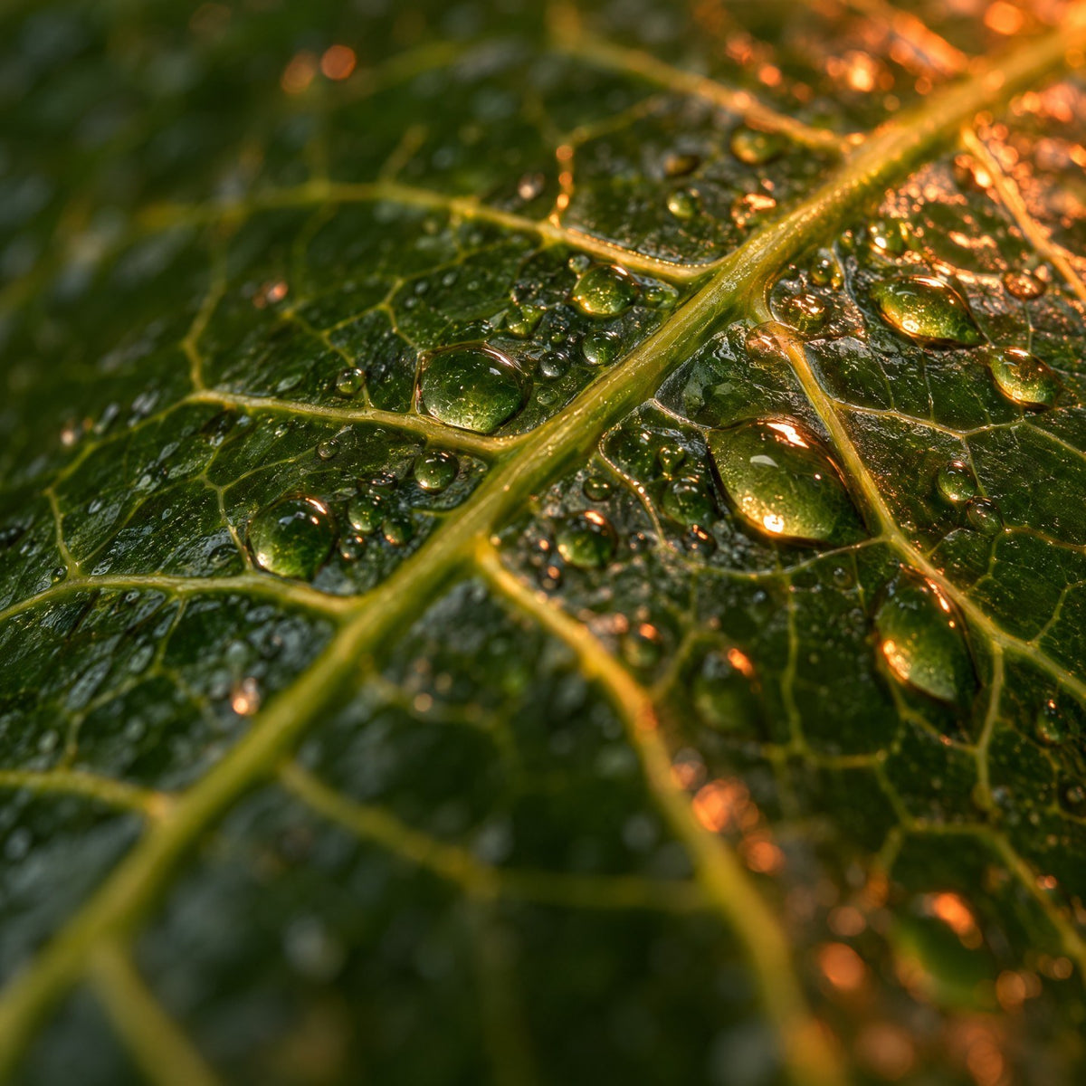 Close-up of a guayusa leaf with water droplets